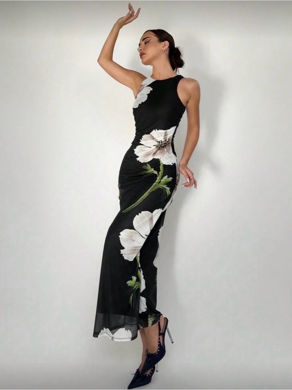 NWOT Black Floral Maxi Dress with White Bloom Print